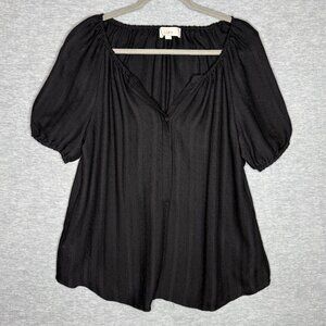 LOFT Size Large Black Textured Stripe Peasant Blouse Puff Sleeve Top